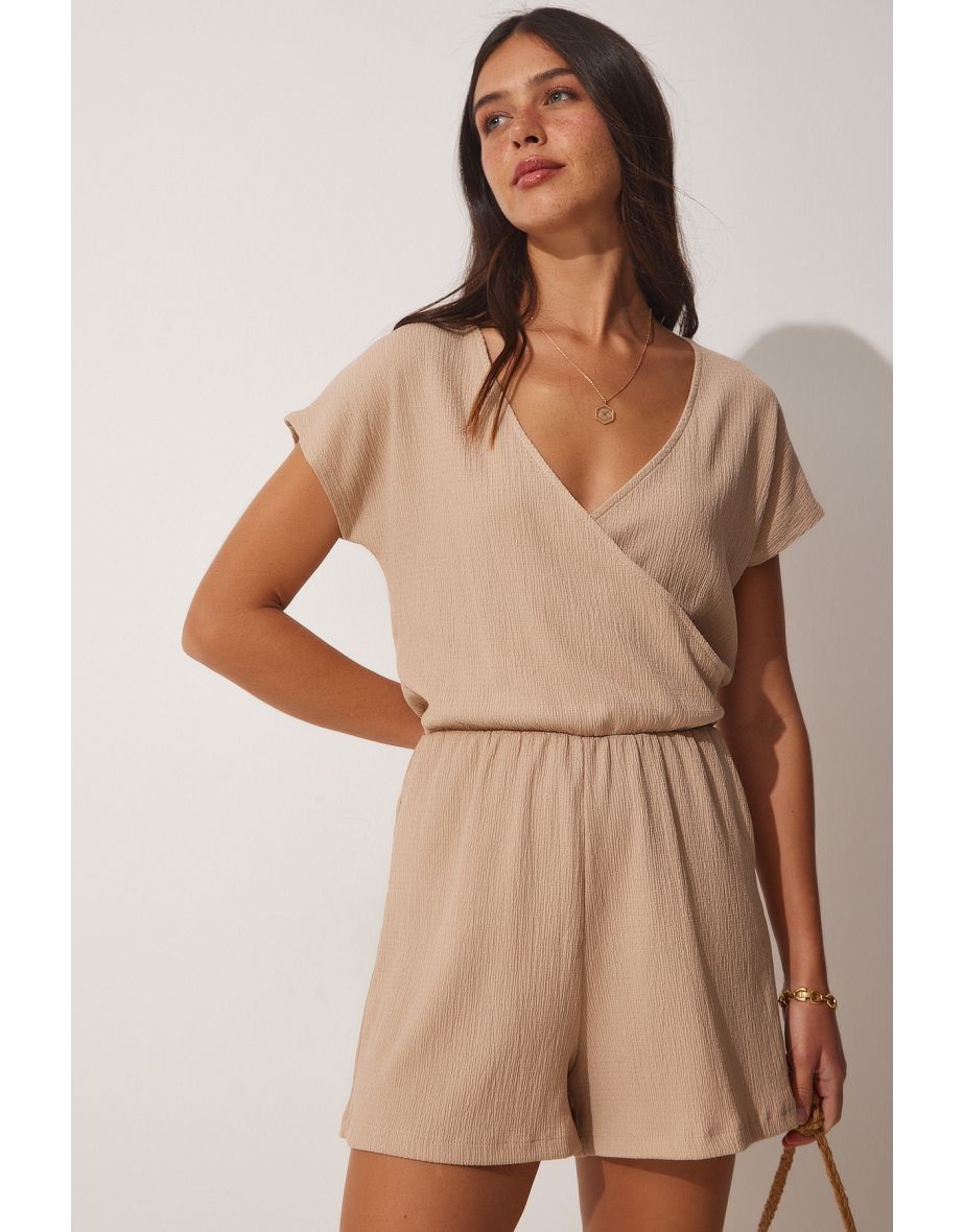 Women's Biscuit Wrapped Collar Short Knitted Overalls with Shorts