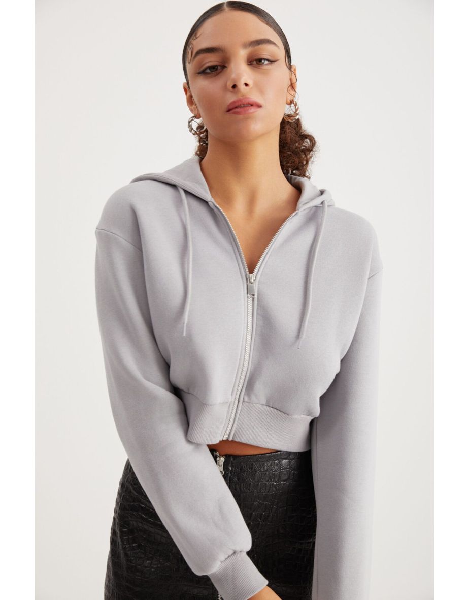 Delia Women's Crop 3 Yarn Raised Knit Relaxed Fit Zippered Hooded Gray Sweatshirt