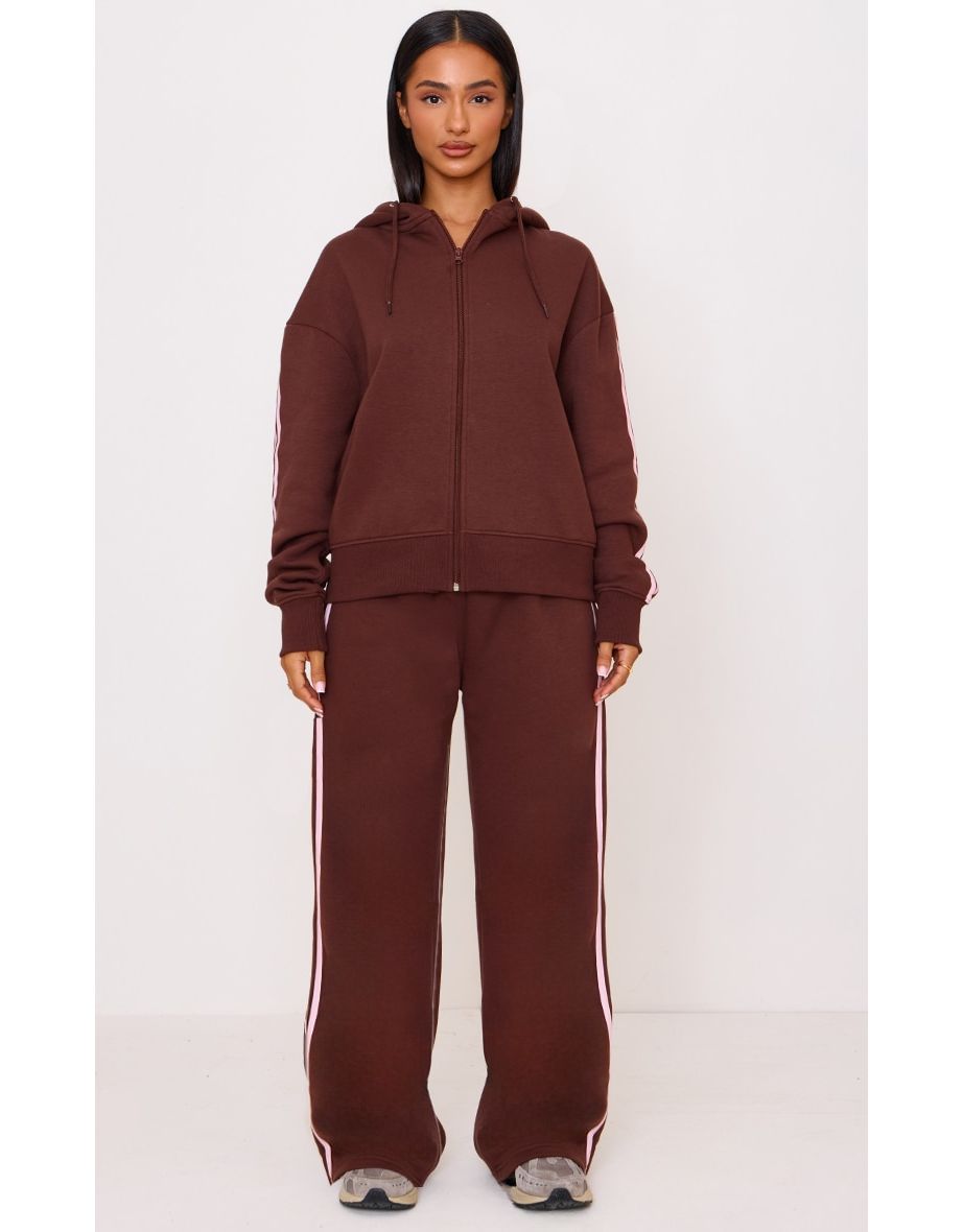 Petite Chocolate Straight Leg Joggers With Stripe Detail