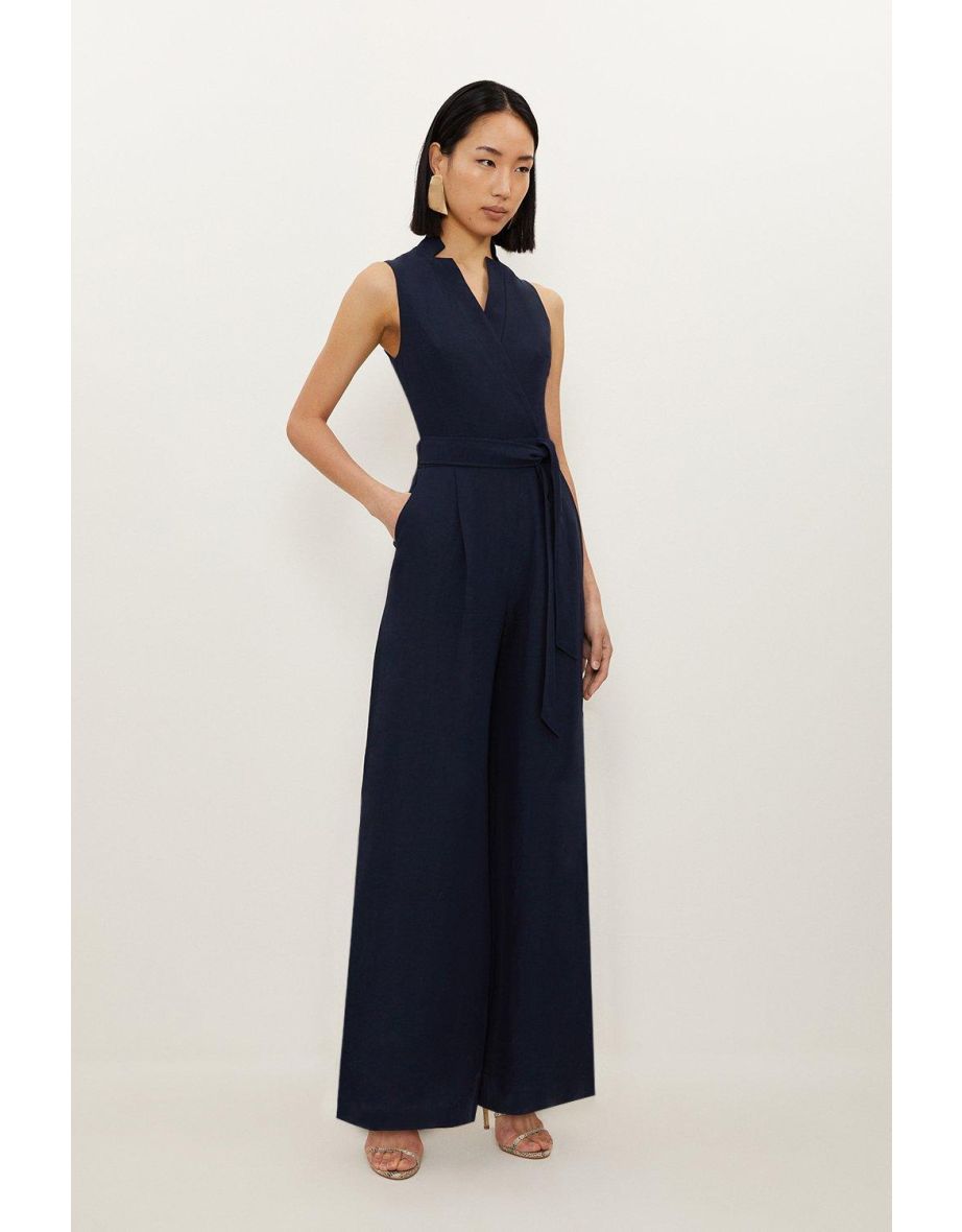Tall Premium Tailored Linen Notch Neck Belted Straight Leg Jumpsuit - 2