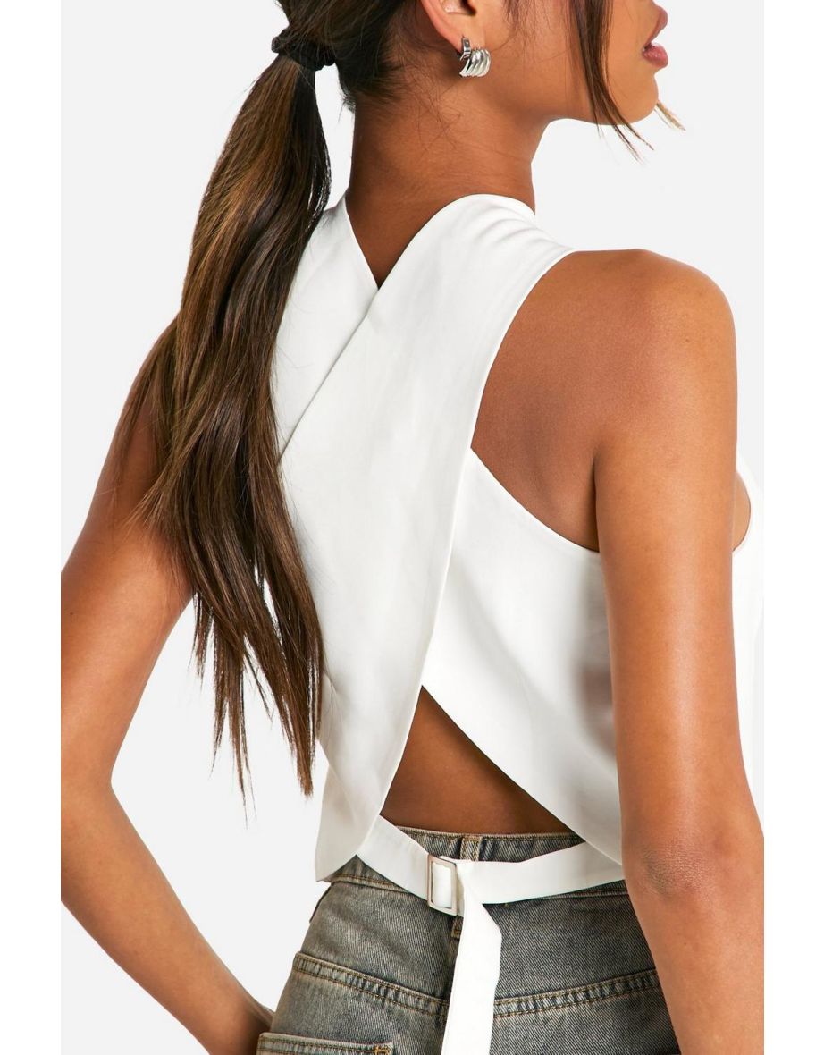 Woven Open Back Tailored Waistcoat - ivory - 3