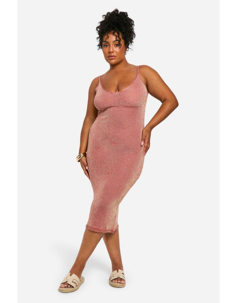 Plus Glitter Knitted Backless Midi Dress - burnt orange