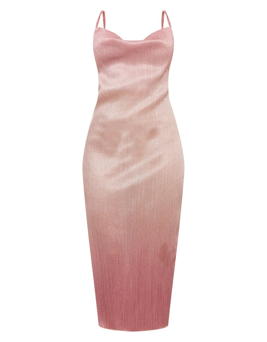Pink Glitter Plisse Cowl Neck Maxi Dress - 4