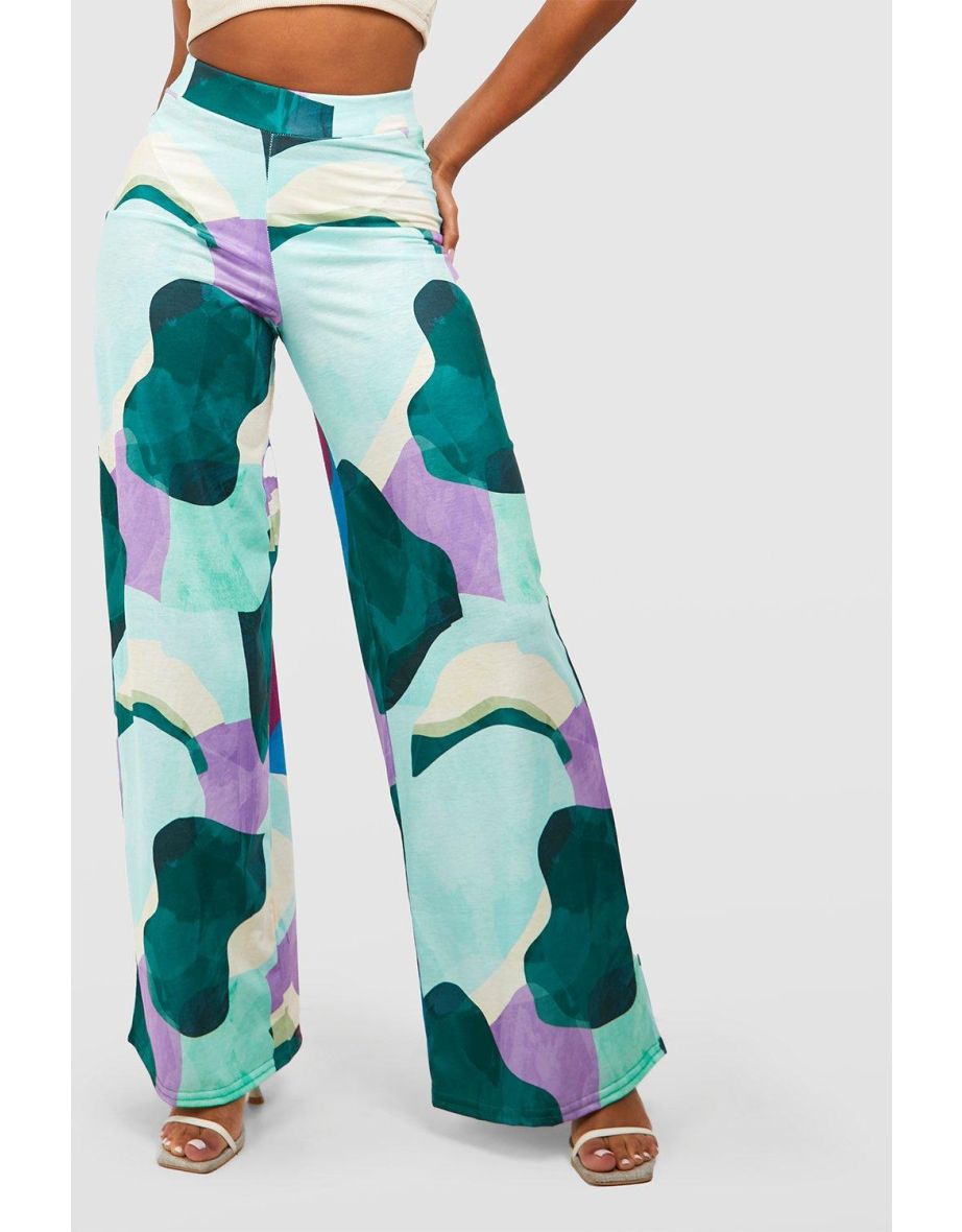 Abstract Printed Wide Leg Trousers - green - 3