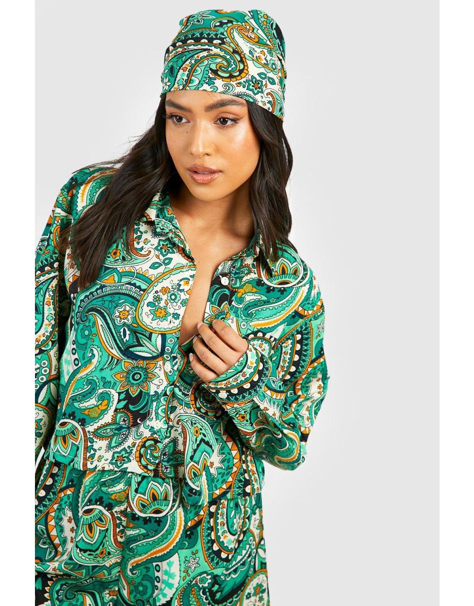 Petite Paisley Shirt Headscarf And Short Co-ord - green - 3