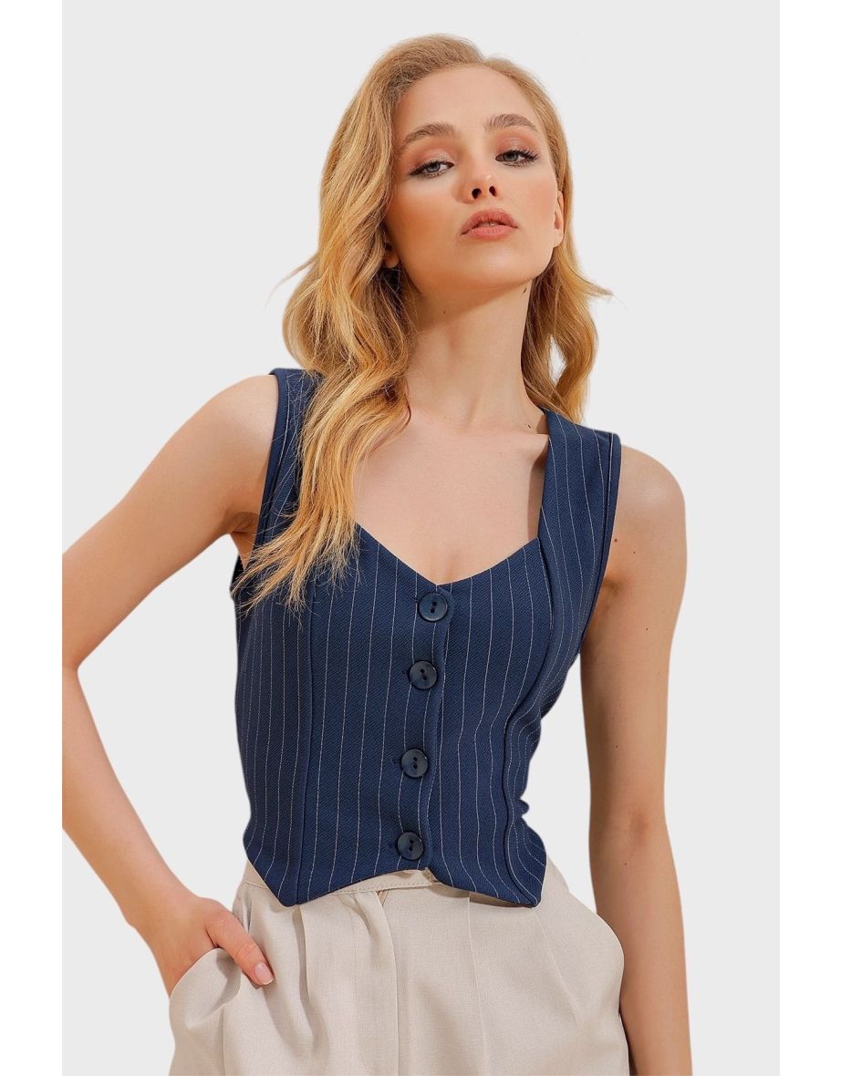 Women's Navy Blue Heart Collar Buttoned Striped Vest