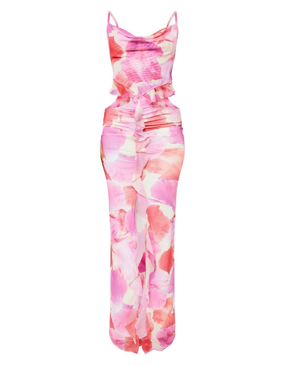 Pink Petal Print Cut Out Frill Midaxi Dress - 4