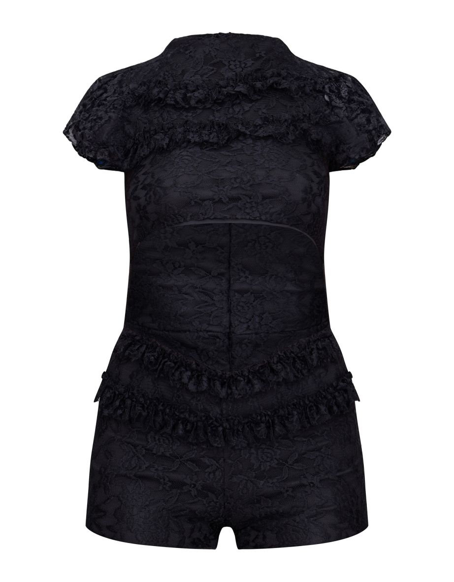 Black Lace Ruffle Detail Cut Out Rara Unitard - 4