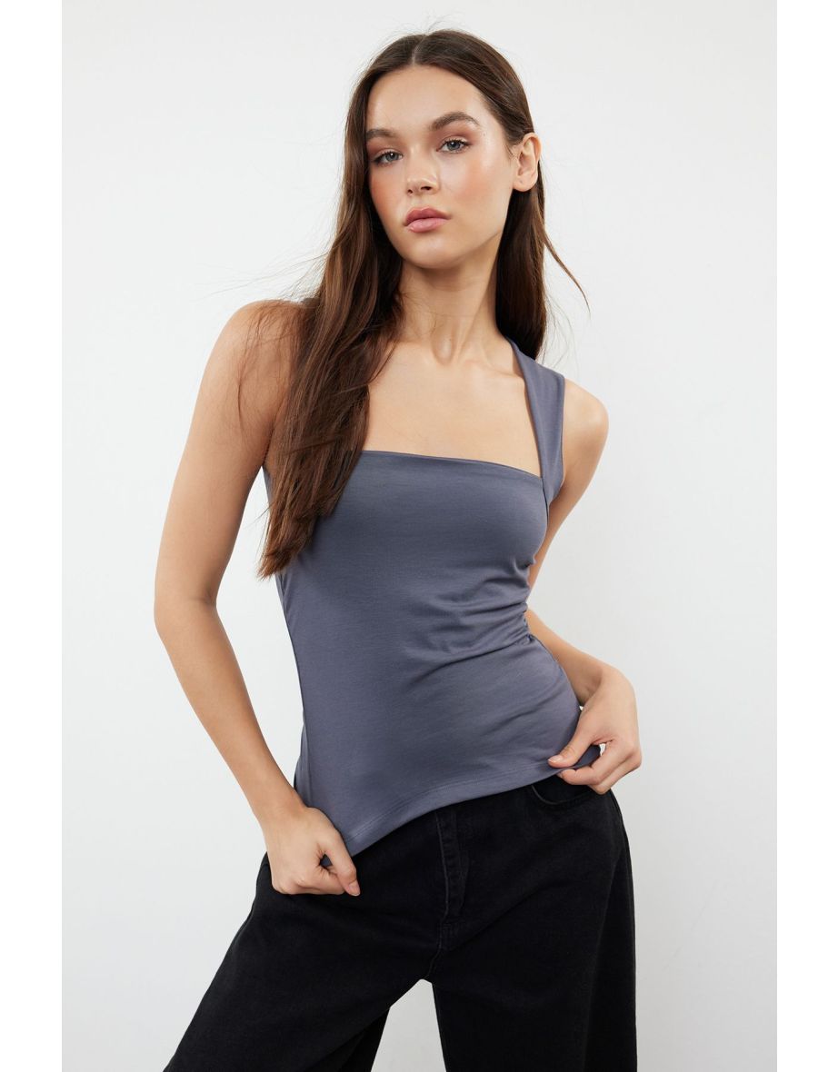 Gray Plain Square Neck Strap Gathered Knitted Top