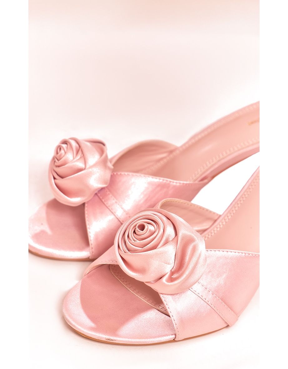 Baby Pink Satin Round Toe Rose Detail Mid Heel Mule Sandals - 3