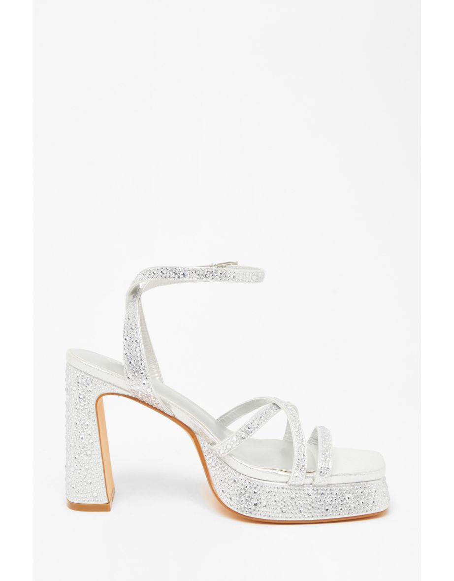 Silver Diamante Platform Heels - 4