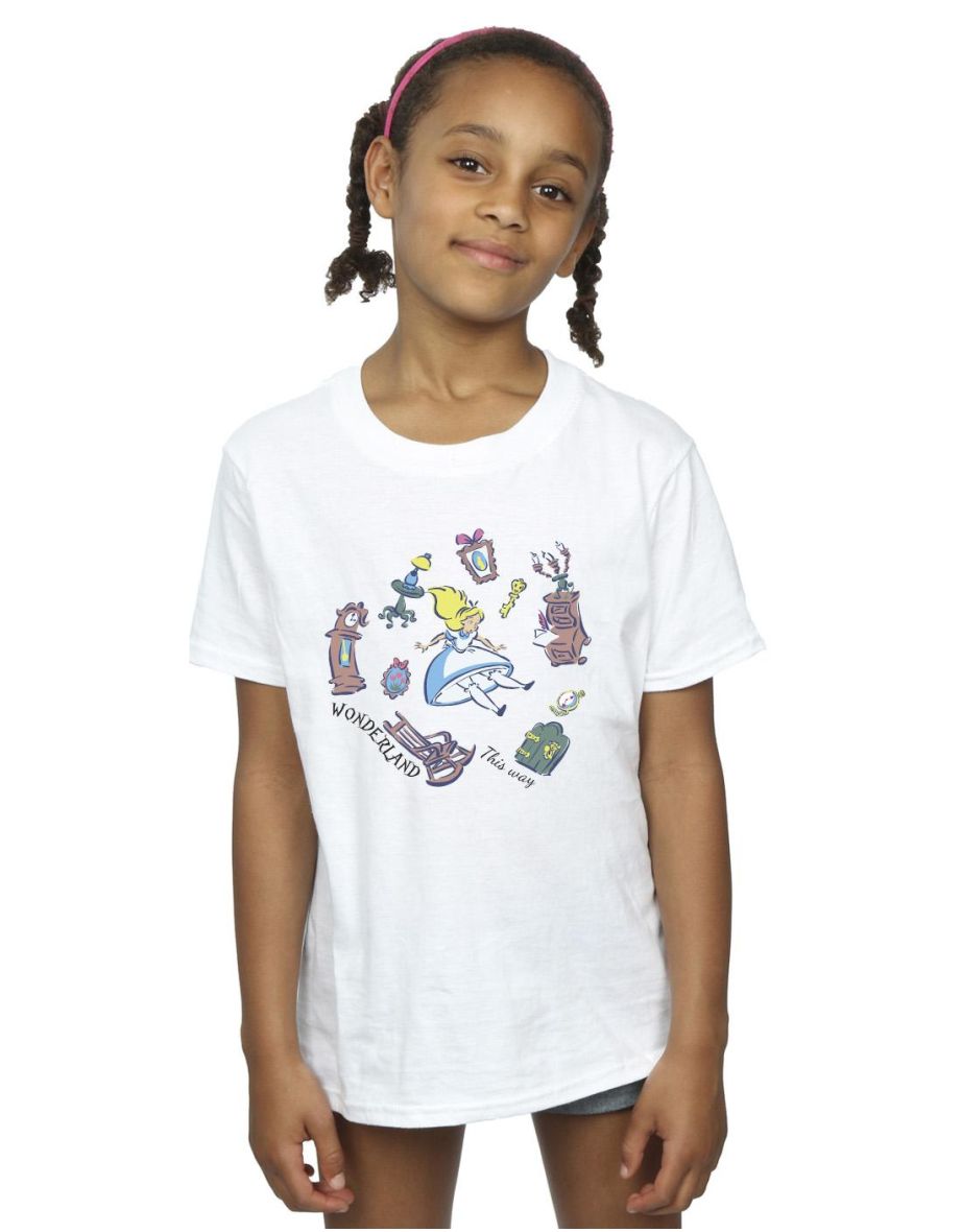Disney Girls Alice In Wonderland Falling Cotton T-Shirt - White