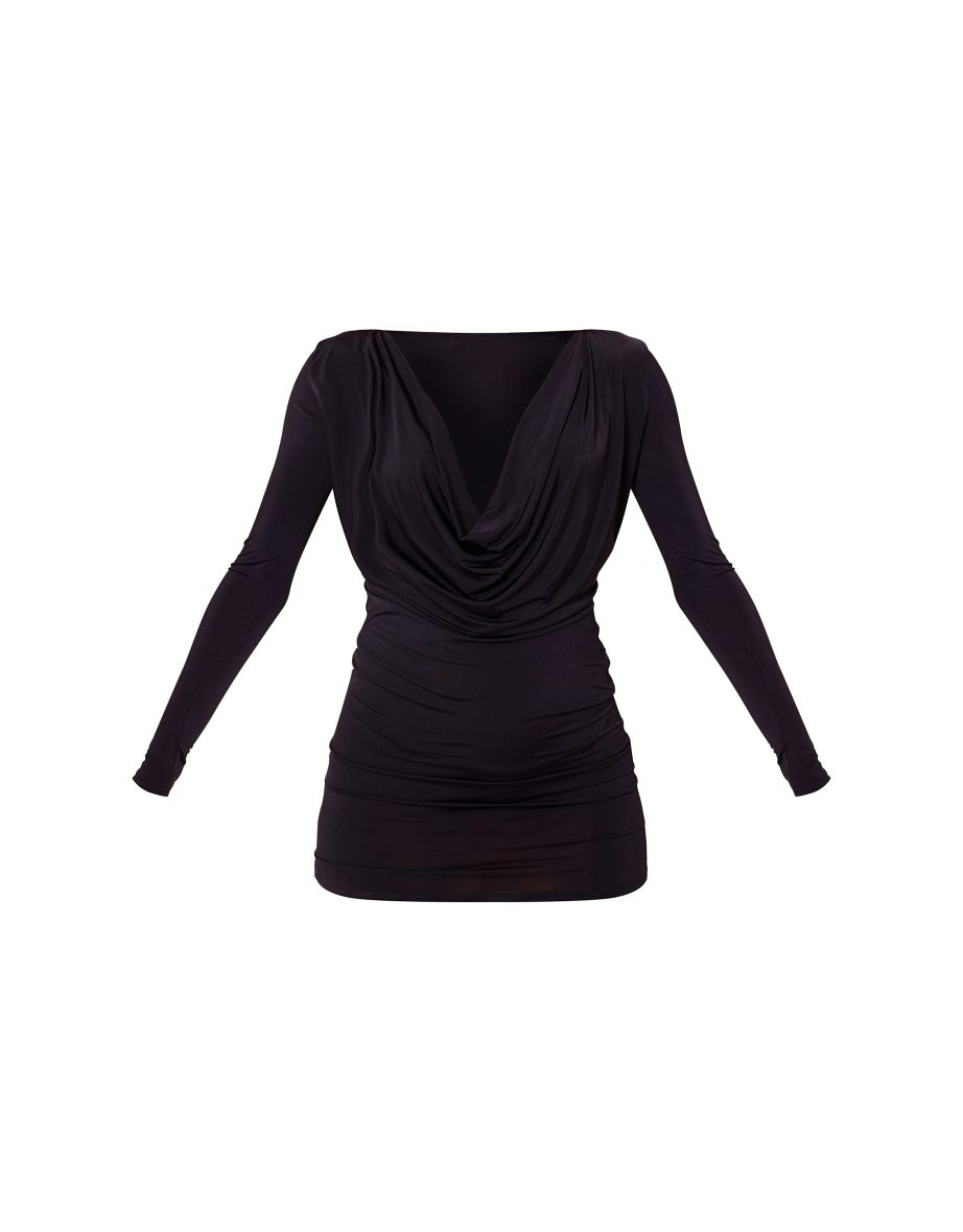 Black Slinky Cowl Neck Long Sleeve Bodycon Dress - 4