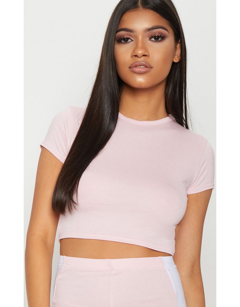 Basic Baby Pink Short Sleeve Crop T Shirt - 4
