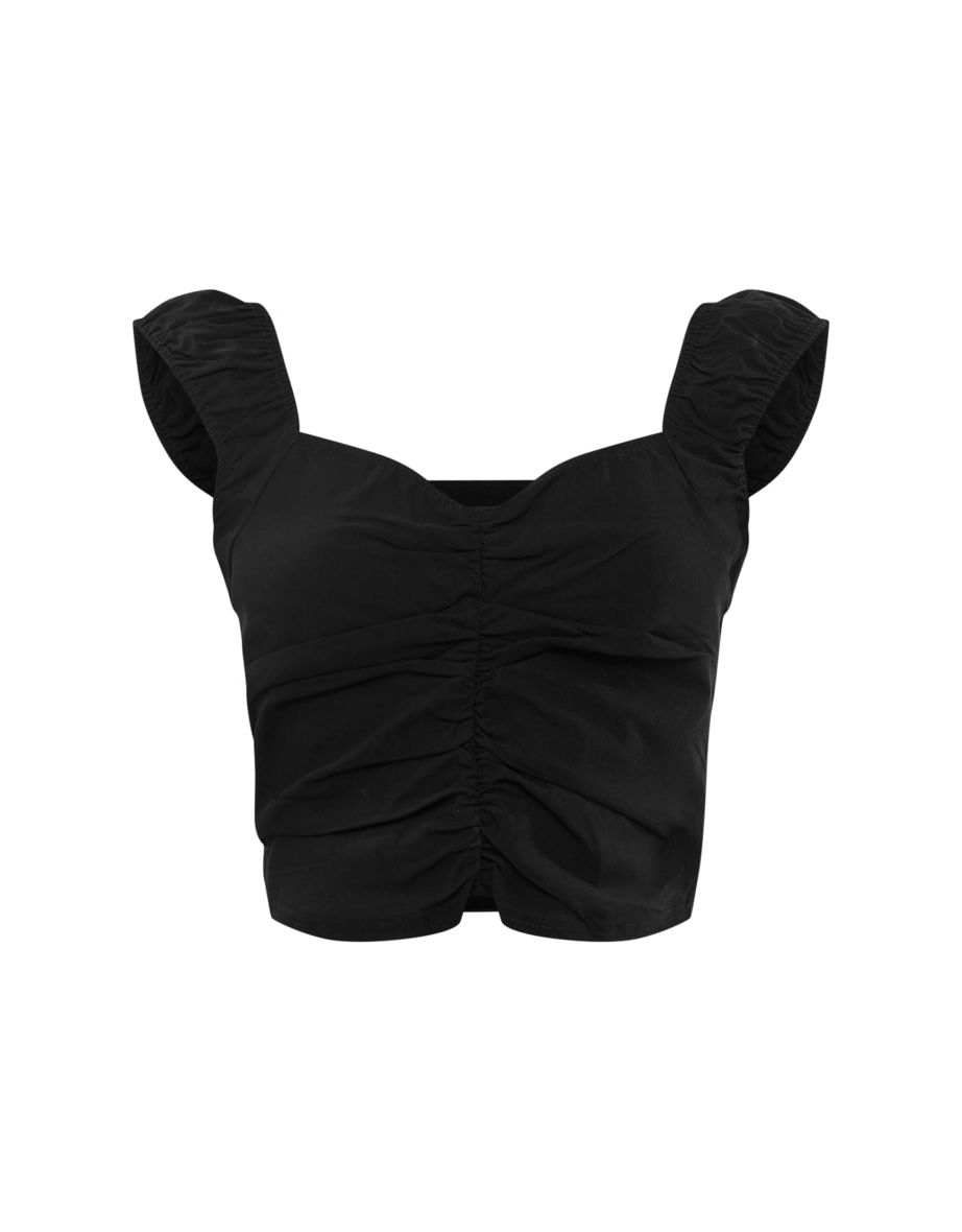 Black Stretch Woven Ruched Chiffon Trim Crop Top - 4