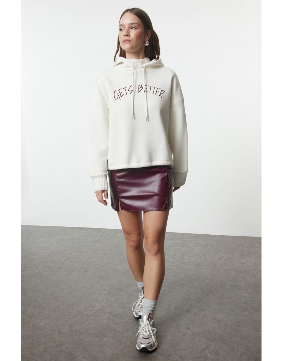 Ecru Thick Inside Fleece Knitwear Hooded Knitted Sweatshirt with Tape Detail