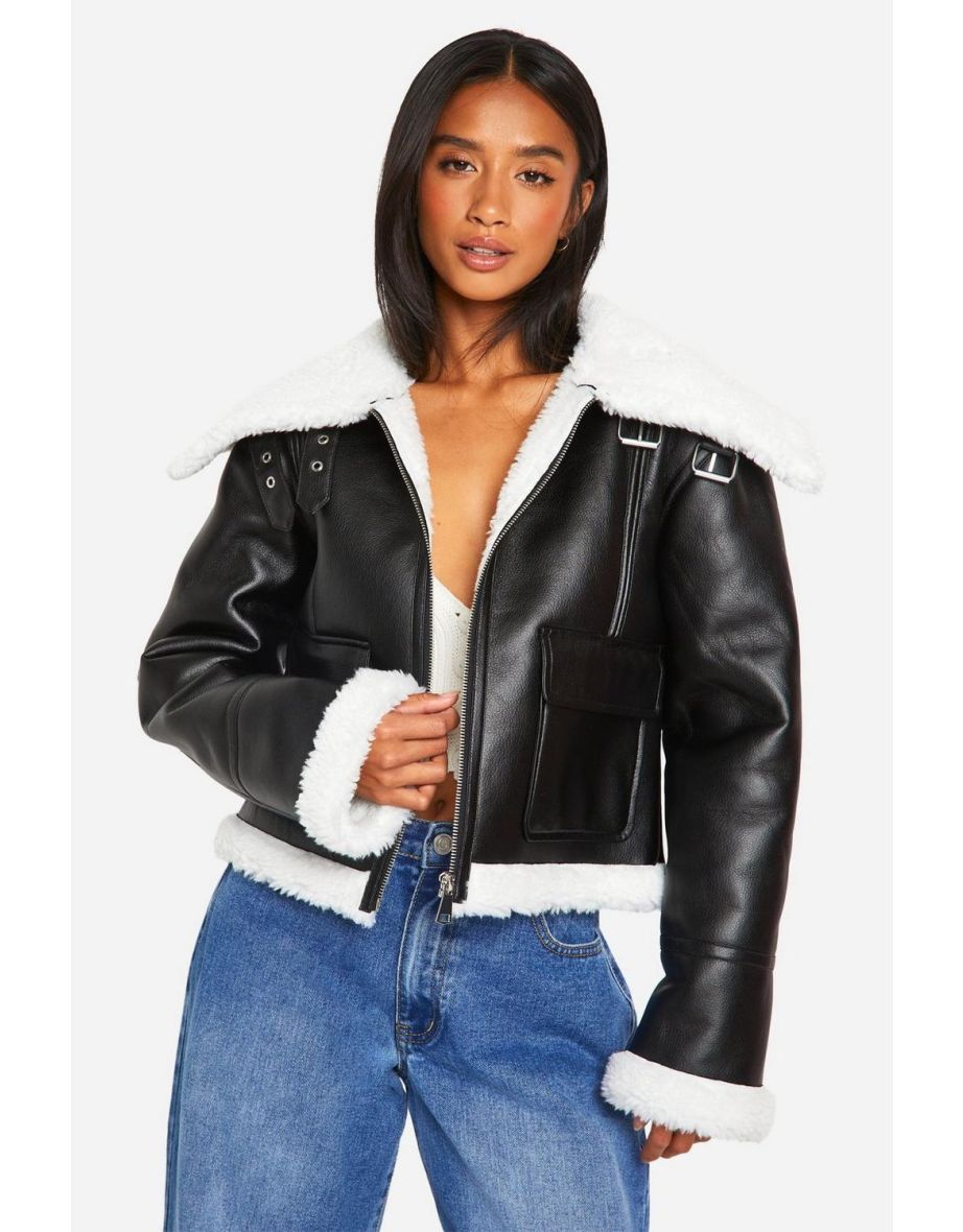Petite Faux Fur Lined Leather Jacket - black