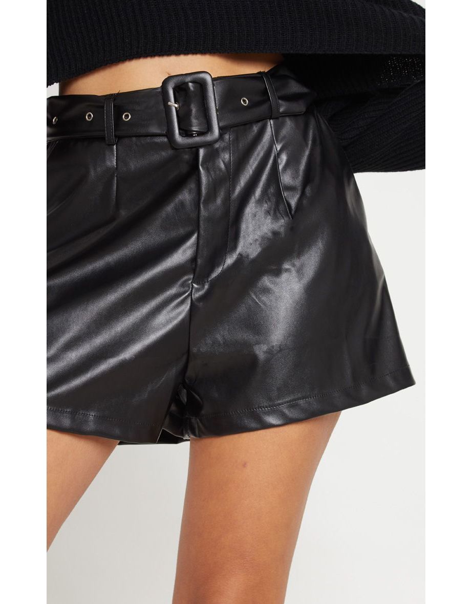 Black Faux Leather Belted Short - 5