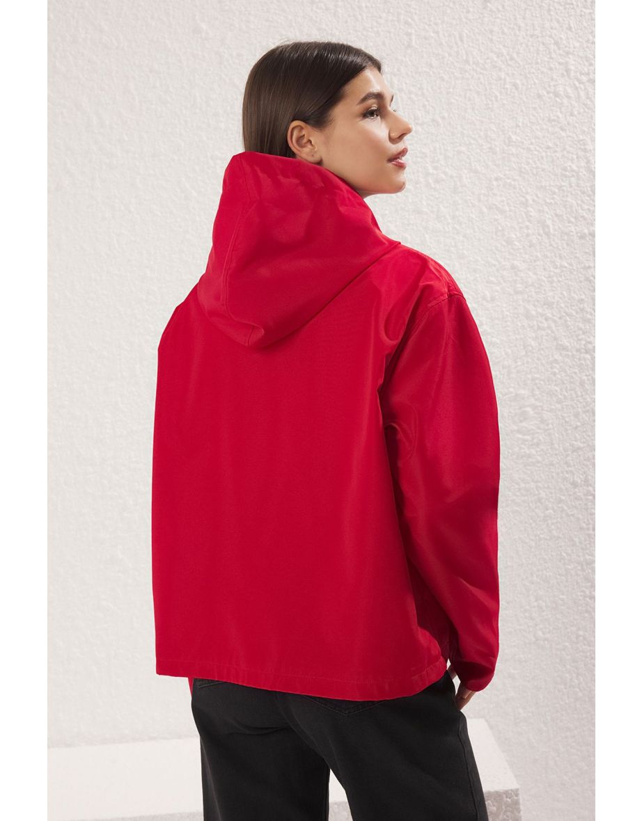 Red Oversize Striped Lined Short Raincoat - 9