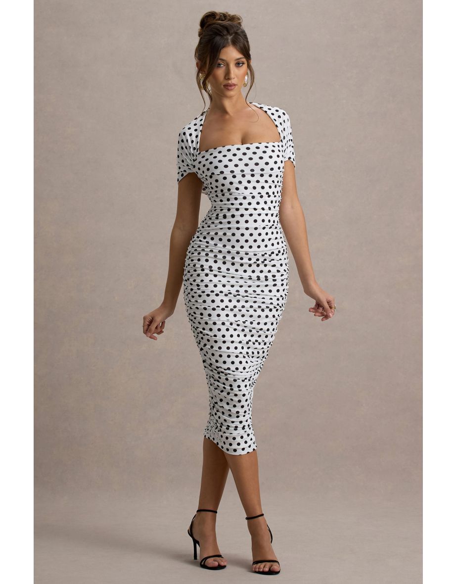 Paxos | White Polka Dot Ruched Short-Sleeve Midi Dress - 6