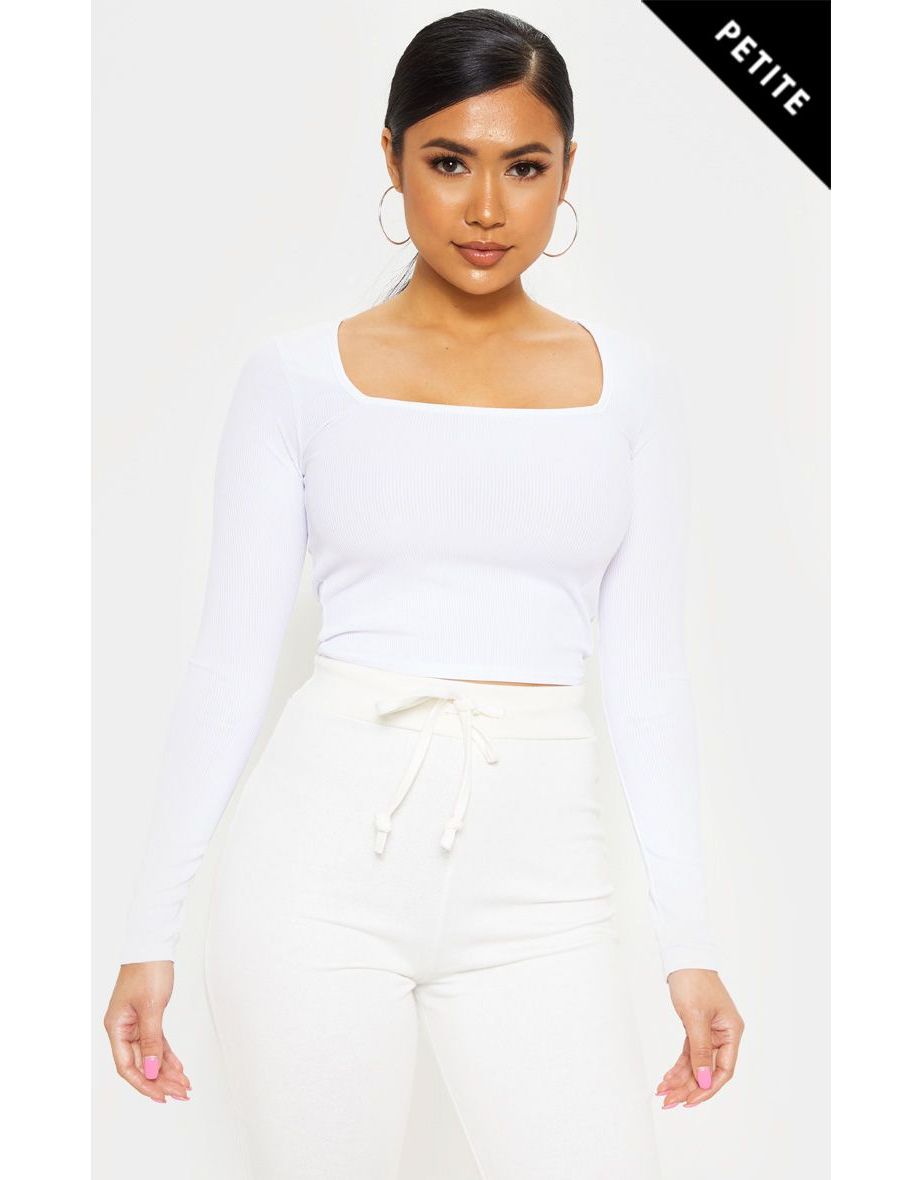 Petite White Square Neck Ribbed Long Sleeve Crop Top