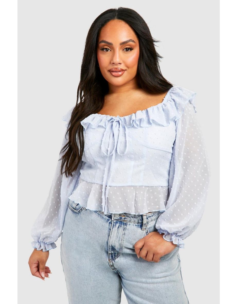 Plus Ruffle Dobby Peplum Top - powder blue