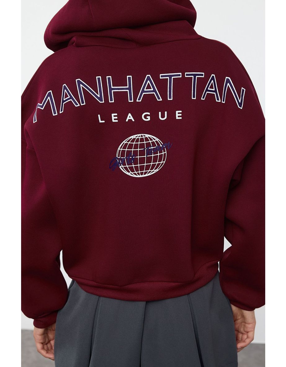 Claret Red Back Print Detailed Hooded Thick Inside Fleece Knitted Sweatshirt - 4