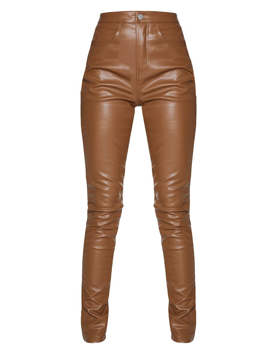 Chocolate Button Up Faux Leather Skinny Trousers - 4