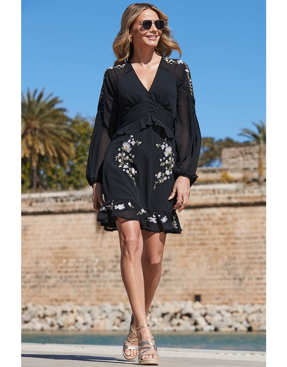 Black Embroidered Floral Detail Ruffle Hem Dress - 4