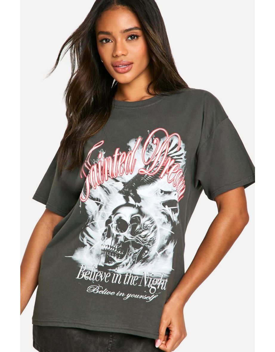 Tainted Dream Skull Print Oversized T-shirt - 3