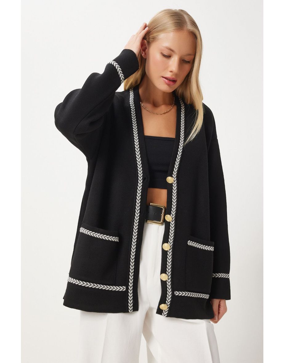 Women's Black Contrast Detail Pocket Long Knit Cardigan