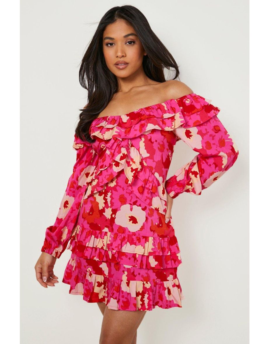 Petite Floral Off Shoulder Ruffle Mini Dress - pink