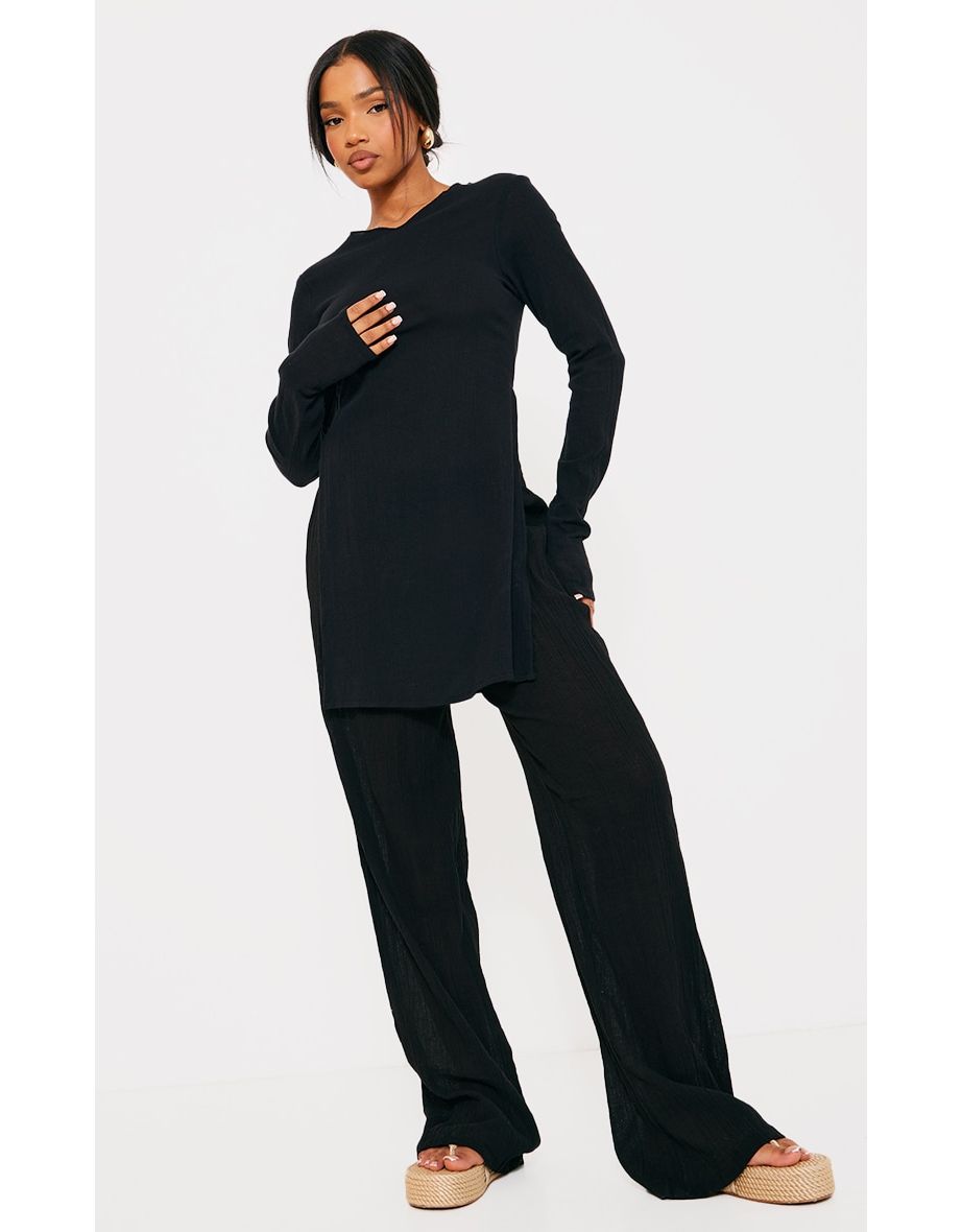 Black Cheesecloth Textured Split Sleeve Long Top
