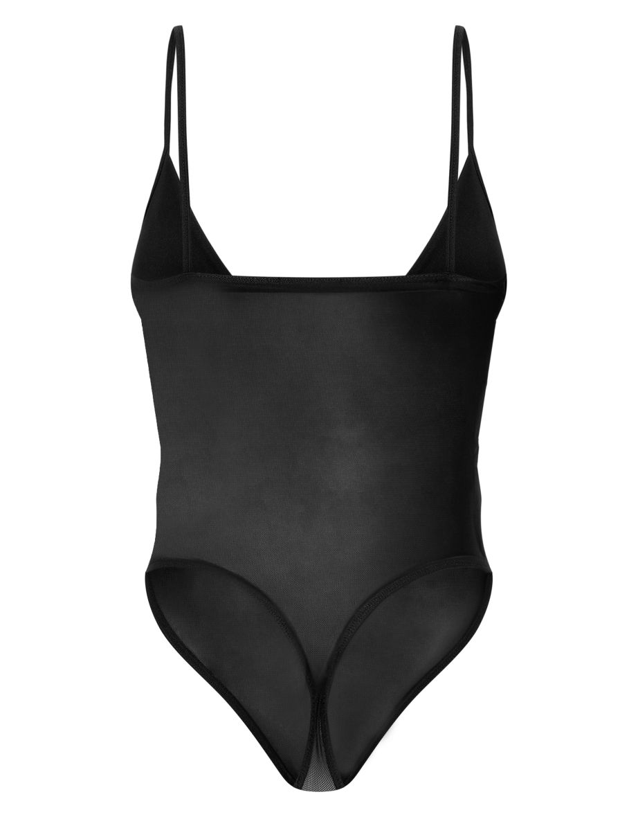 Black Mesh Plunge Bodysuit - 5