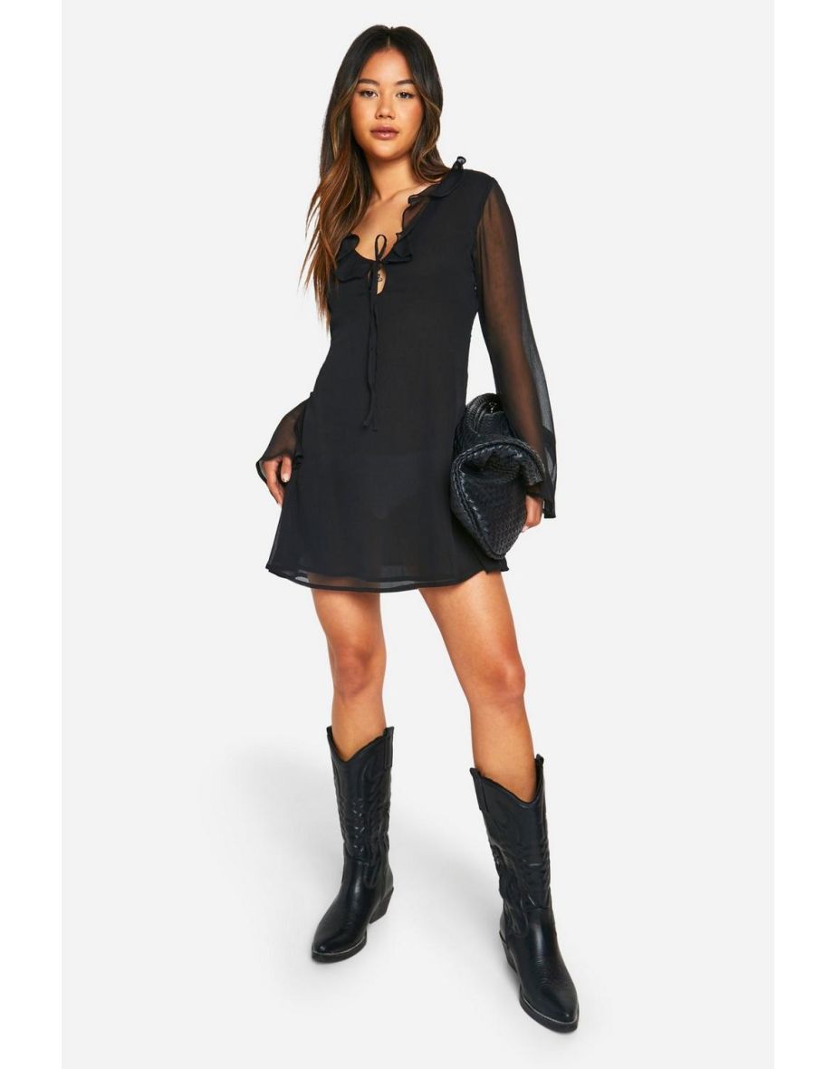 Crinkle Chiffon Ruffle Flare Sleeve Dress - black