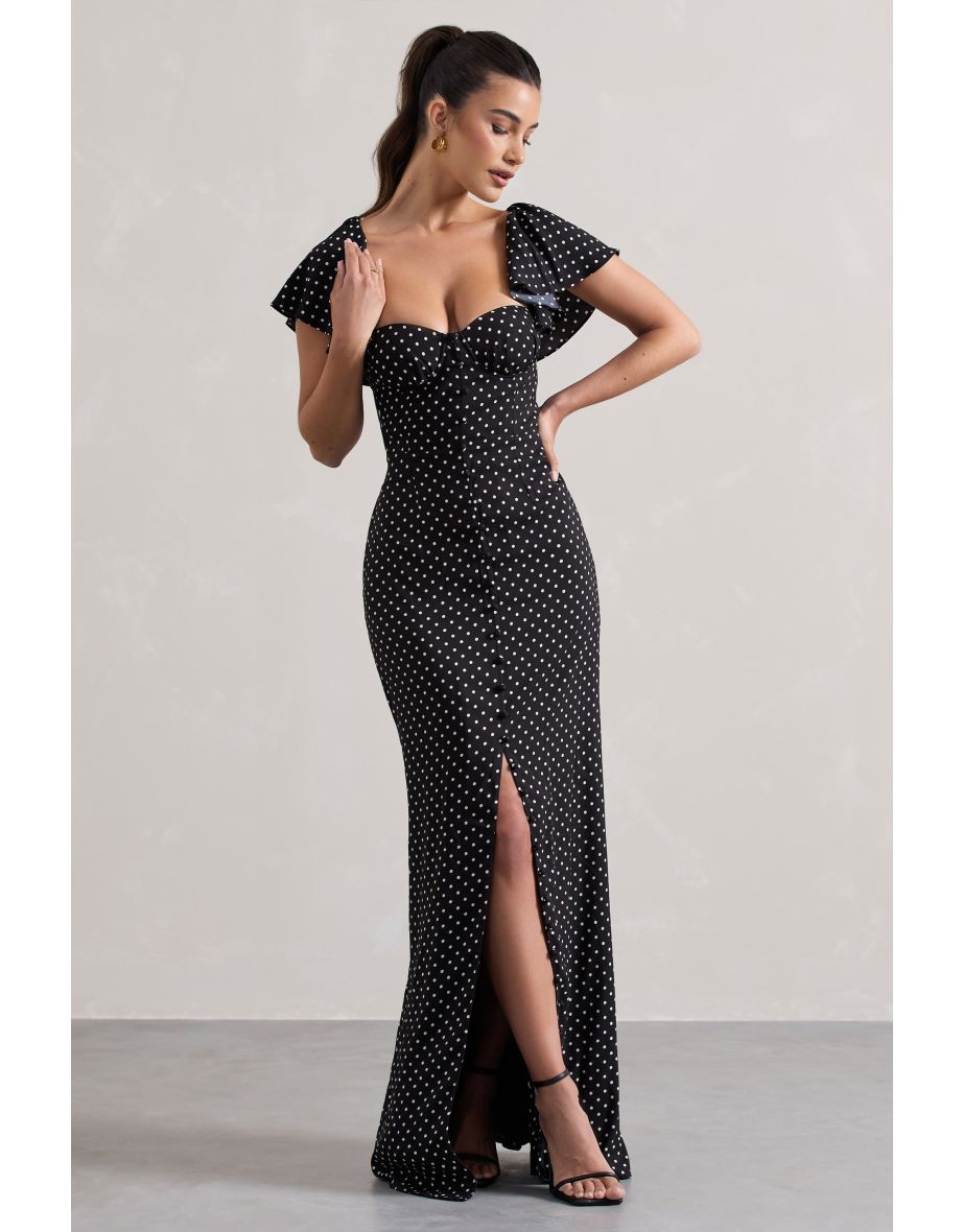 Signorina | Black Polka Dot Buttoned Maxi Dress With Flounced Short Sleeves - 5