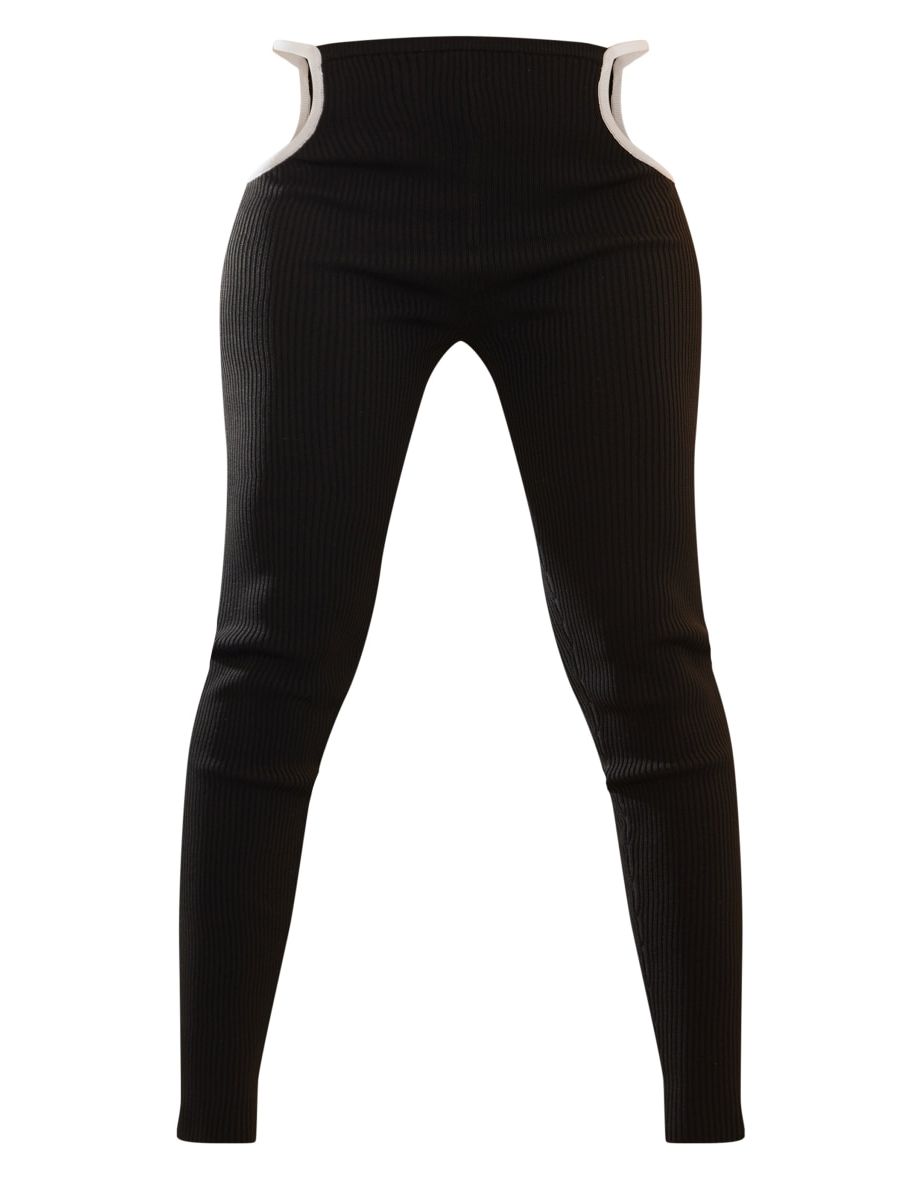 Black Contrast Binding Waist Cut Out Knit Leggings - 4