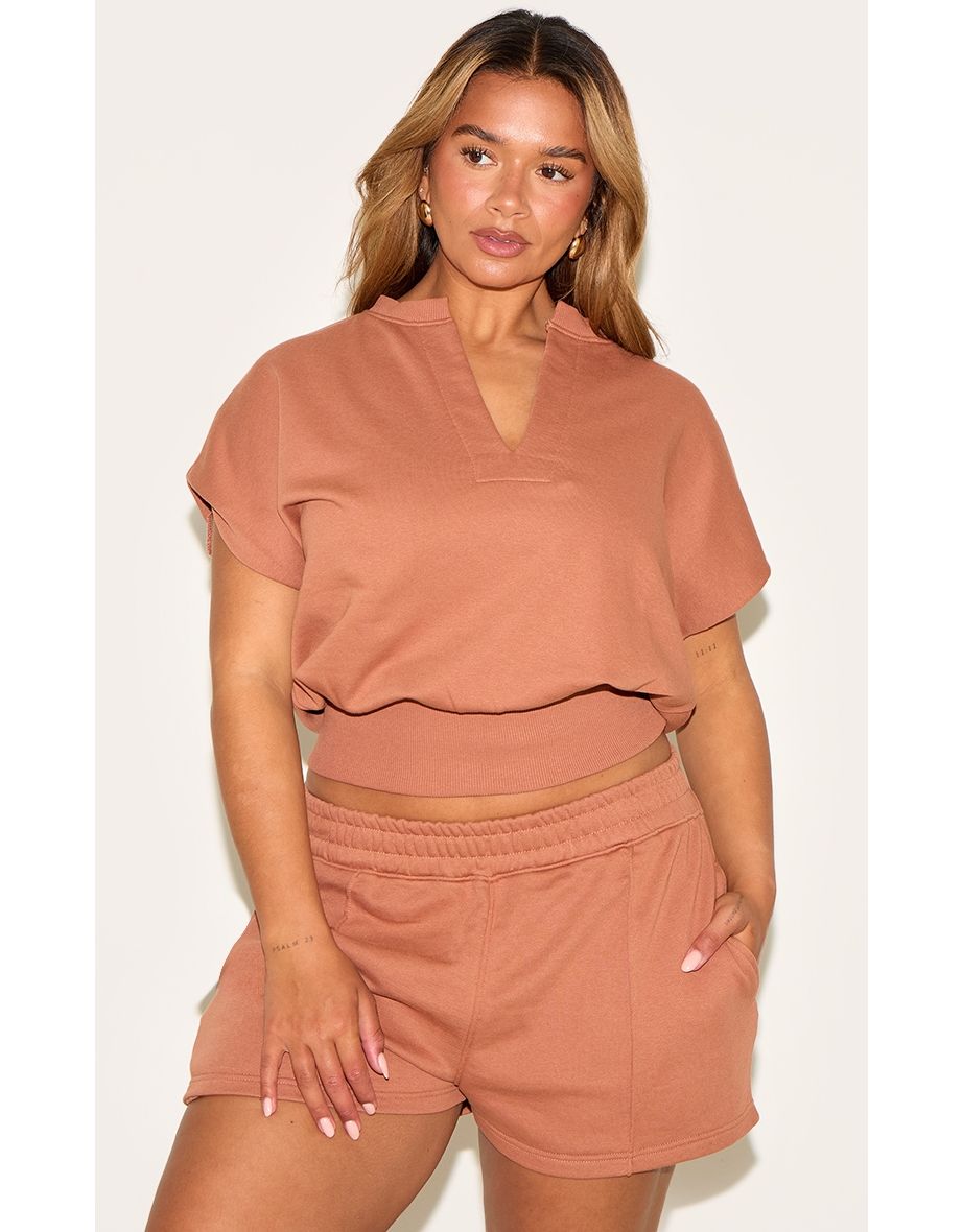 Shape Mocha V Neck Cinched Waist Sleevless Sweatshirt