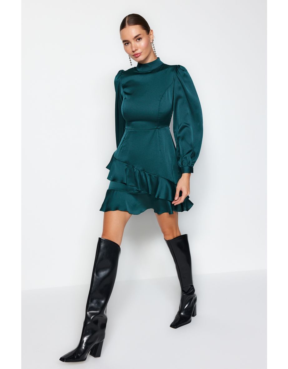 Emerald Green Knitted Satin Dress with Flounces