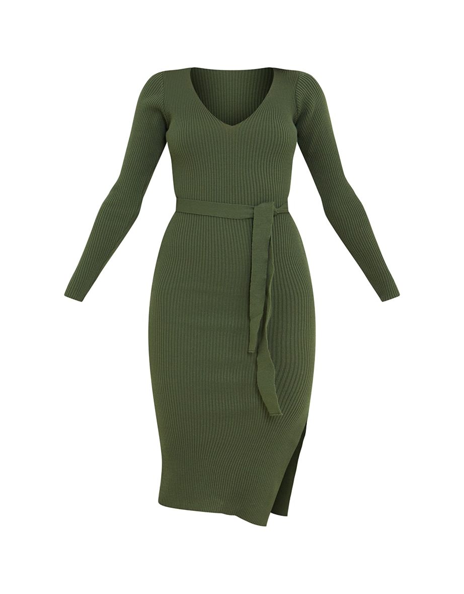 Khaki V Neck Belted Long Sleeve Split Midi Dress - 4