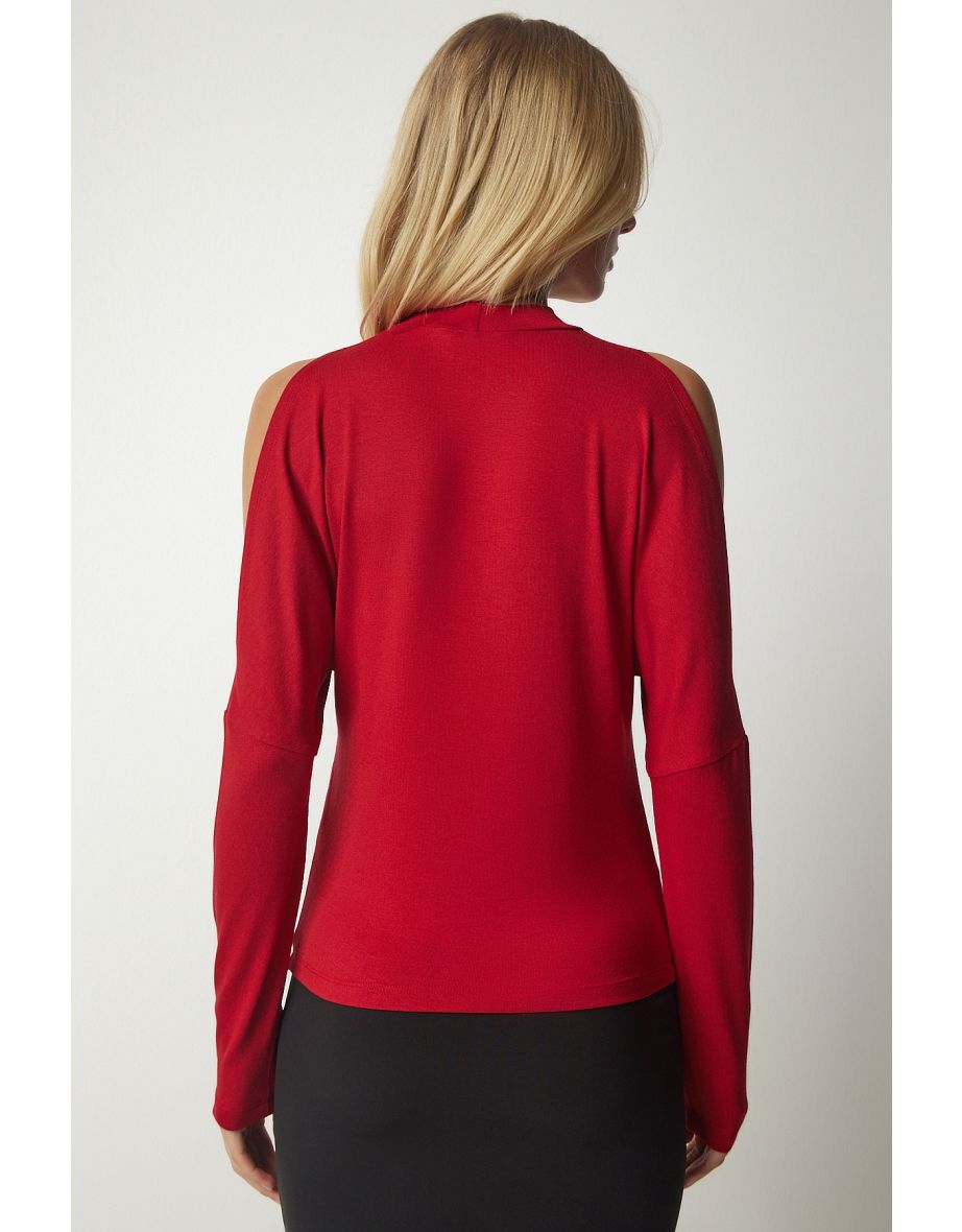 Women's Red Stand-up collar Knitwear Blouse with Decollete - 6