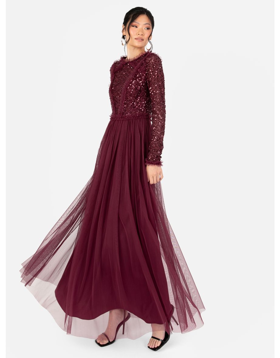 Shop Maya Red Berry Long Sleeve Embellished Maxi Dress STRAIGHT SIZE Wholesale Pack Online in Bahrain VogaCloset