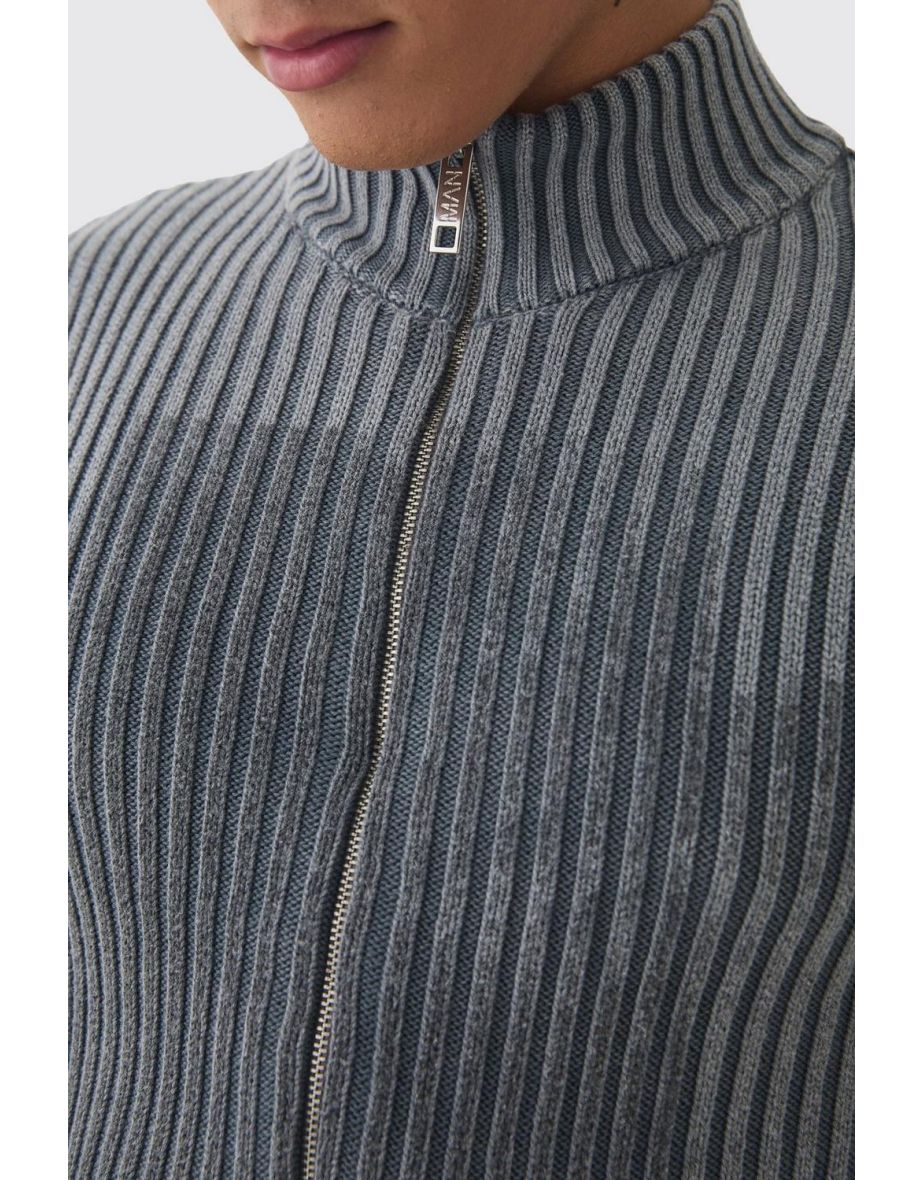 Muscle Fit Acid Wash Knit Zip Through Jumper - 2