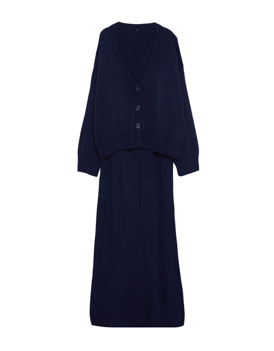 Navy Blue Knitwear Cardigan Skirt Top and Bottom Set - 6