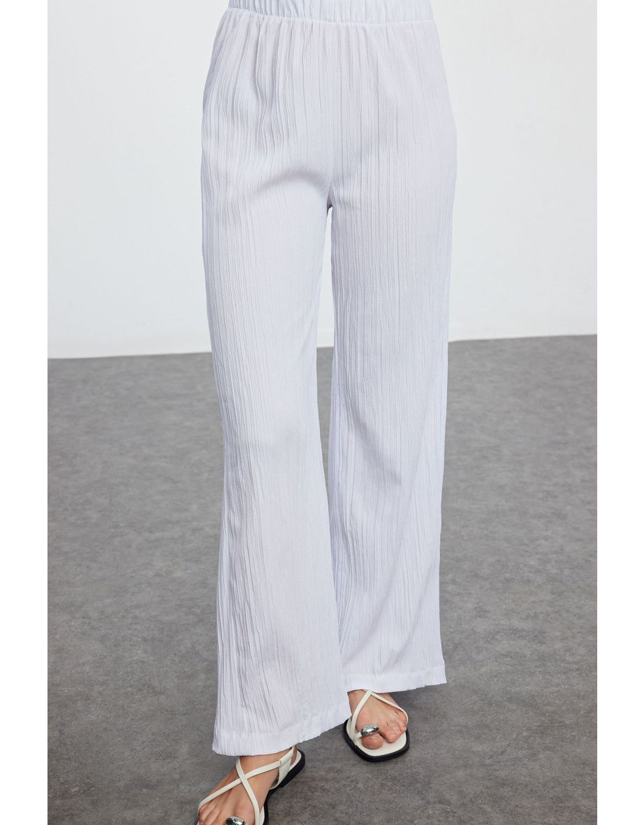 White Textured Fabric Tie Detailed Balloon Sleeve Woven Bottom-Top Set - 4