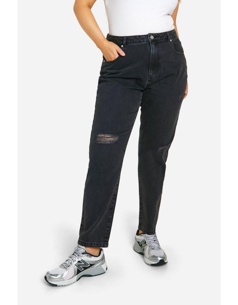 Plus Basics High Waisted Ripped Mom Jeans - washed black - 3