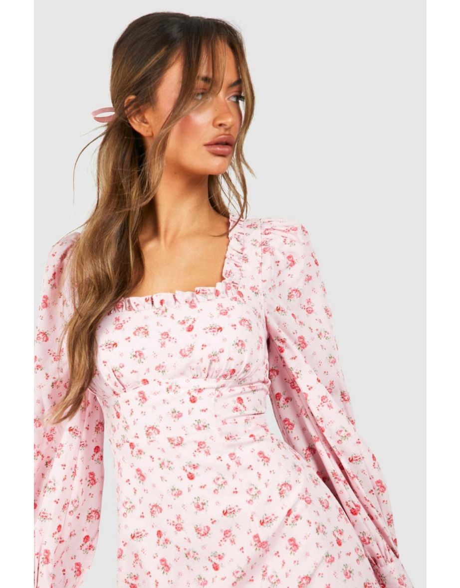 Pink Floral A-Line Midaxi Dress with Long Sleeve - 3