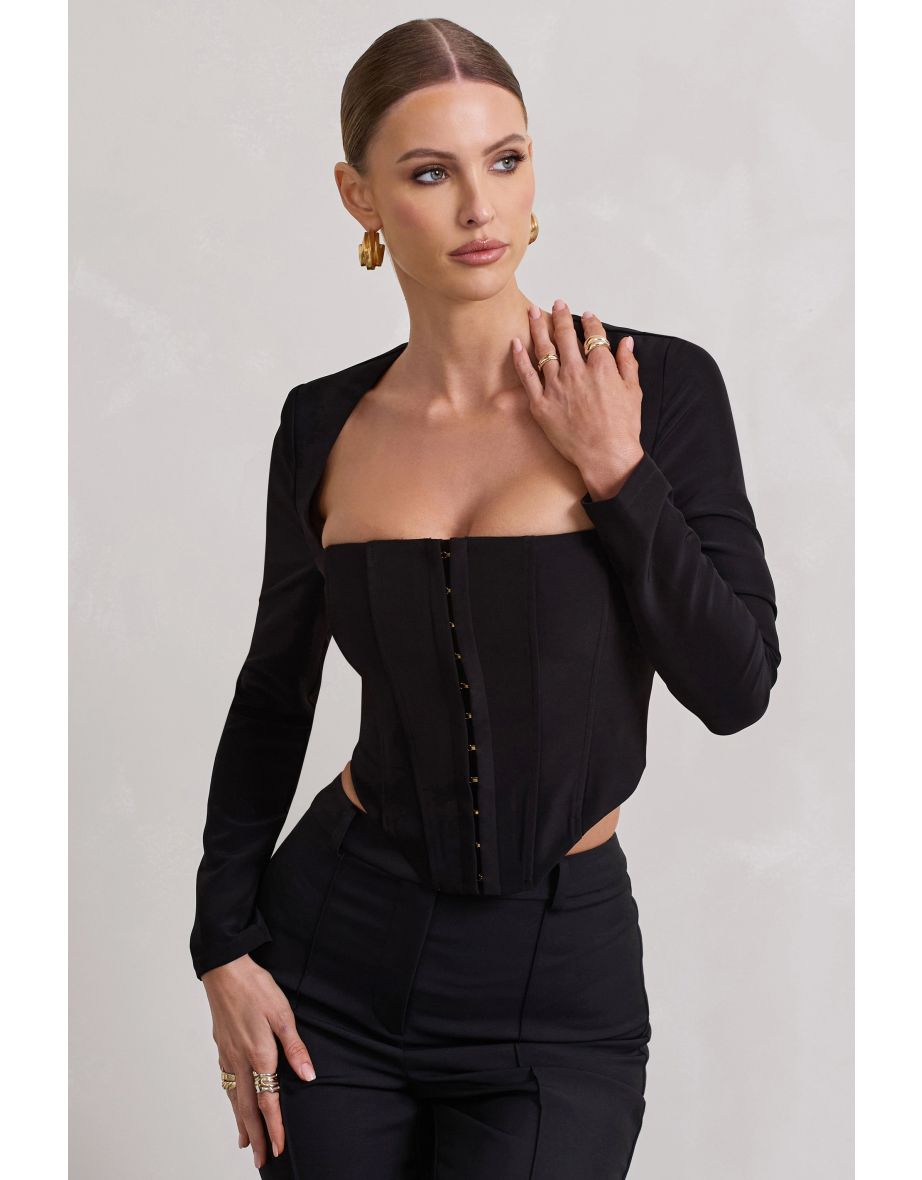 Kailey | Black Square-Neck Long-Sleeve Corset Top - 4