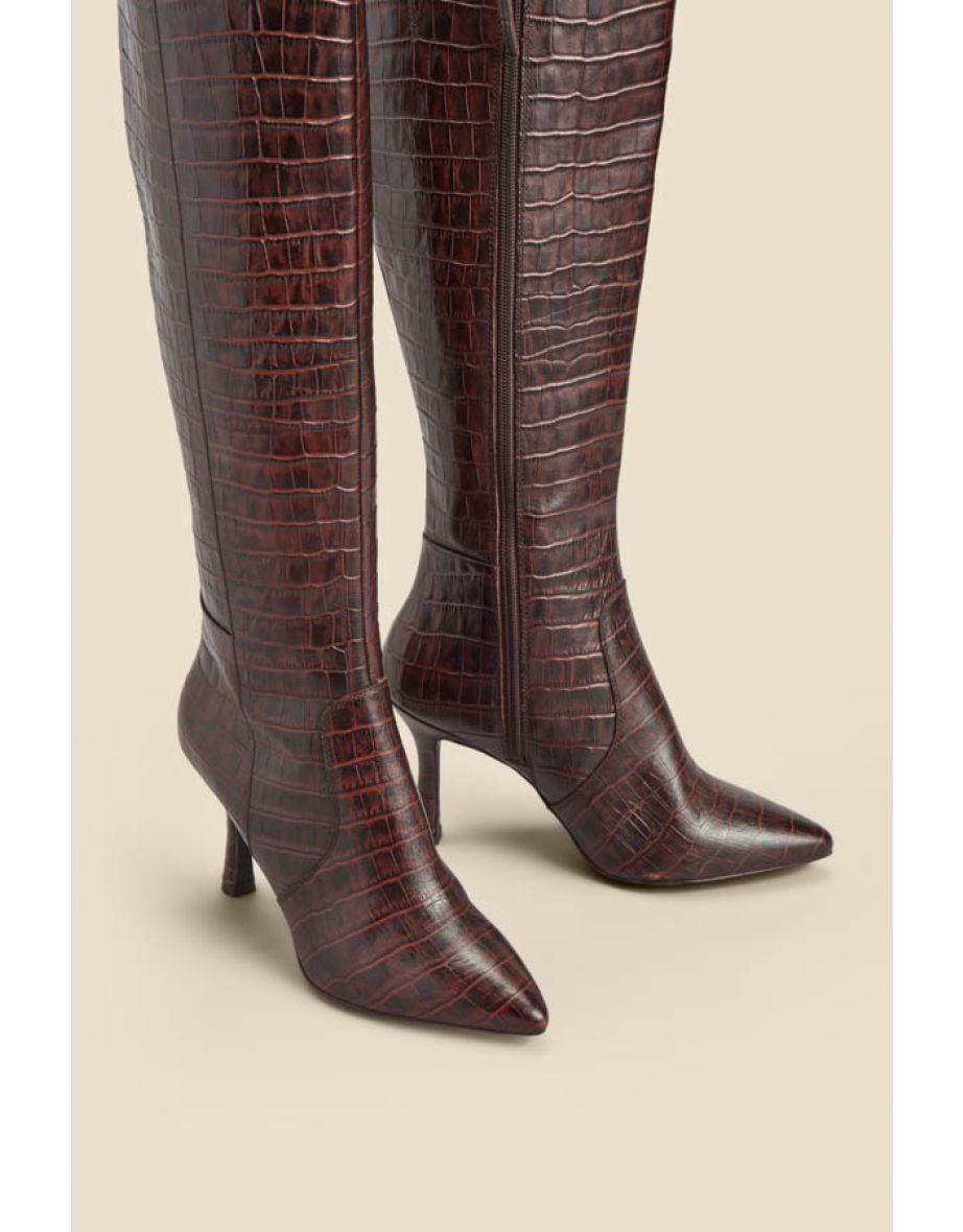 Chocolate Brown Croc Leather Knee High Boot - 4