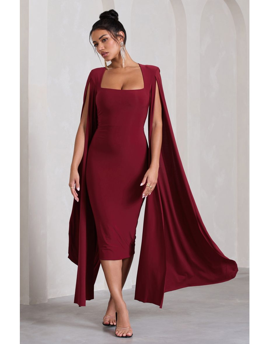 Flawless | Berry Square Neck Midi Dress With Cape Sleeves - 4